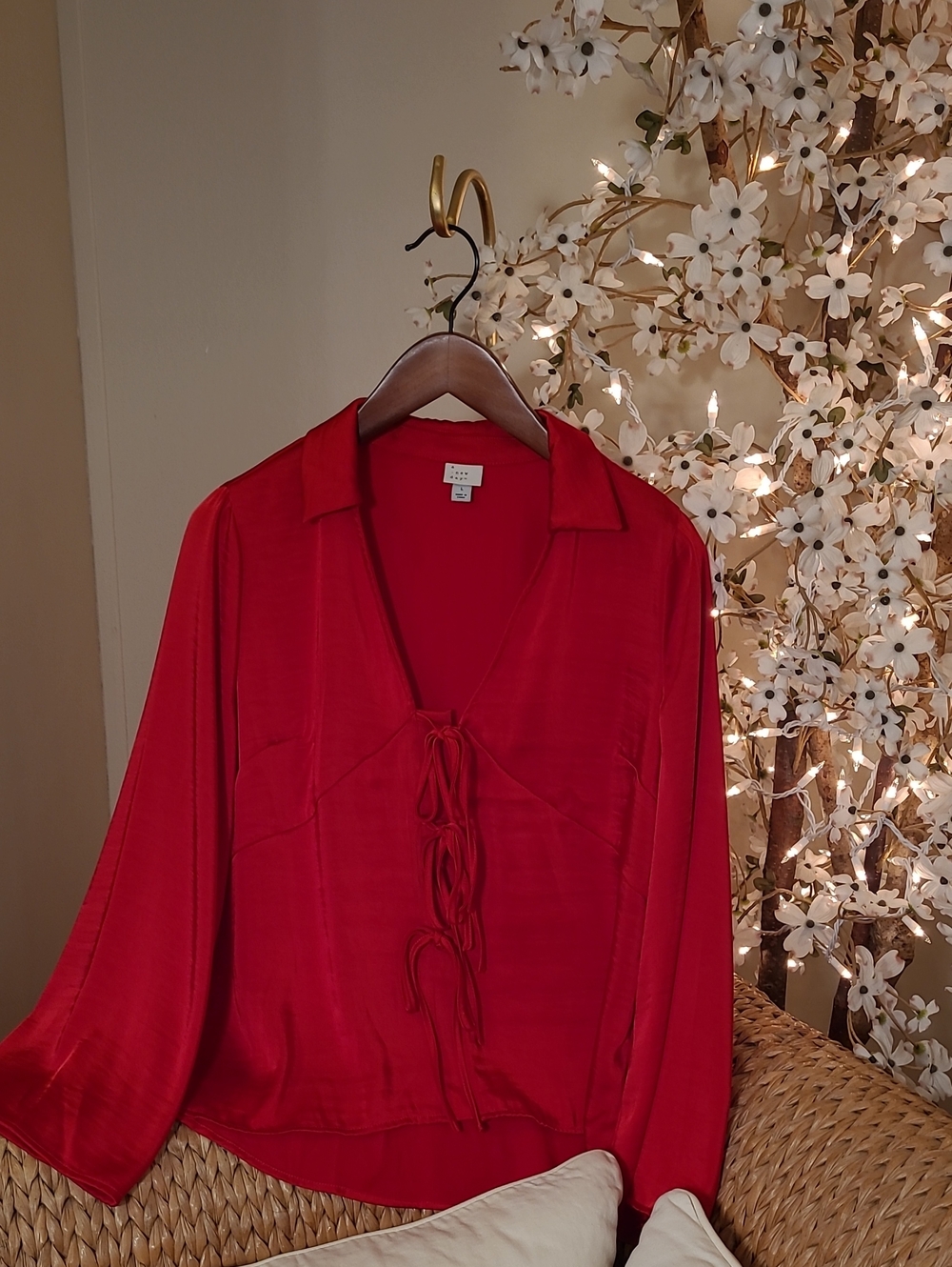 Vibrant Red Satin Tie-Front Blouse